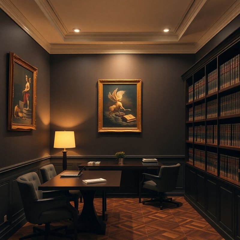 Interior de birou de consultanță cu pereți în nuanțe de cărbune și accente aurii