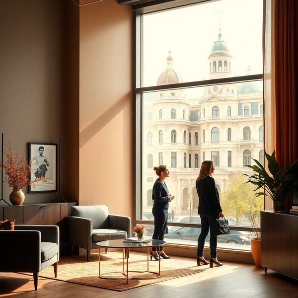 Interior de birou luminos în Oradea cu doi profesioniști în conversație